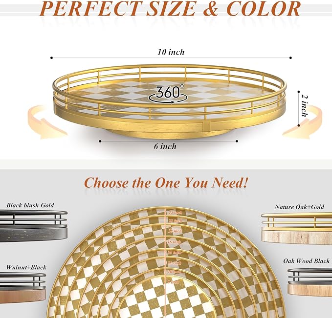Gold Decorative Vanity Tray, 10 Inch Rotating Lazy Susan Perfume Tray with Metal Rail, Checkerboard Wood Organizer for Bathroom Counter, Dresser, Skincare, Jewelry and Makeup Display