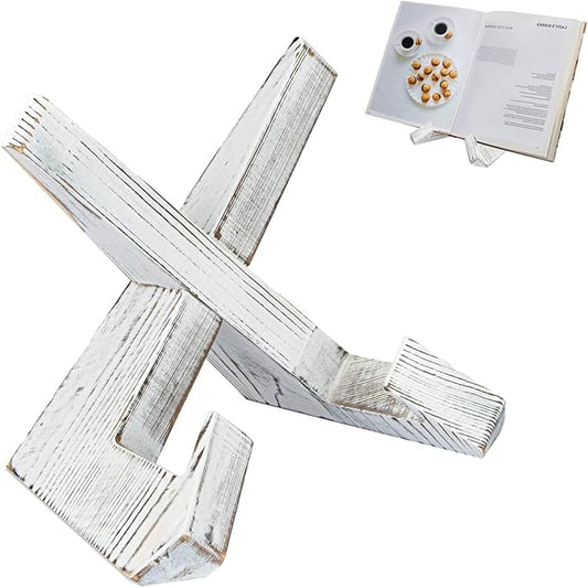 Cross Design Cookbook Stand - Beautiful Wood Texture, Stable Structure - Wooden Recipe Book Holder- Multifunctional Display Stand, Kitchen Counter Decor - White