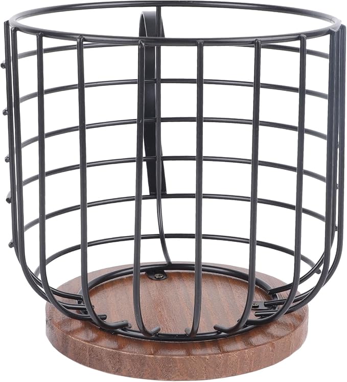 Qiilu Coffee Pod Holder - Large Capacity Black Wire Storage Basket with Wooden Base - Modern Coffee Capsule Decor for Kitchen Counter Accessory