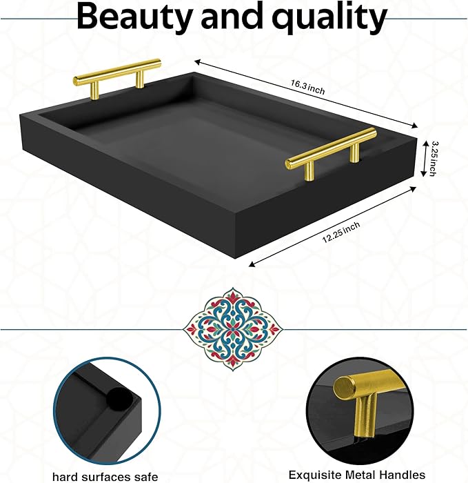 JollyCaper - Coffee Table Tray - with Gold and Silver Metal Handles for Serving, Home Decor, Bathroom, Ottoman Design, Wooden Tray 16x12in (Black)