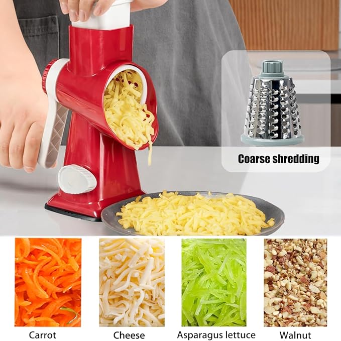 Rotary Cheese Grater Shredder with Handle Handheld Round Mandoline Vegetable Slicer Carrot Shredder Nut Grinder with 3 Replaceable Stainless Steel Drum Blades and Upgrade Strong Suction, Red/White