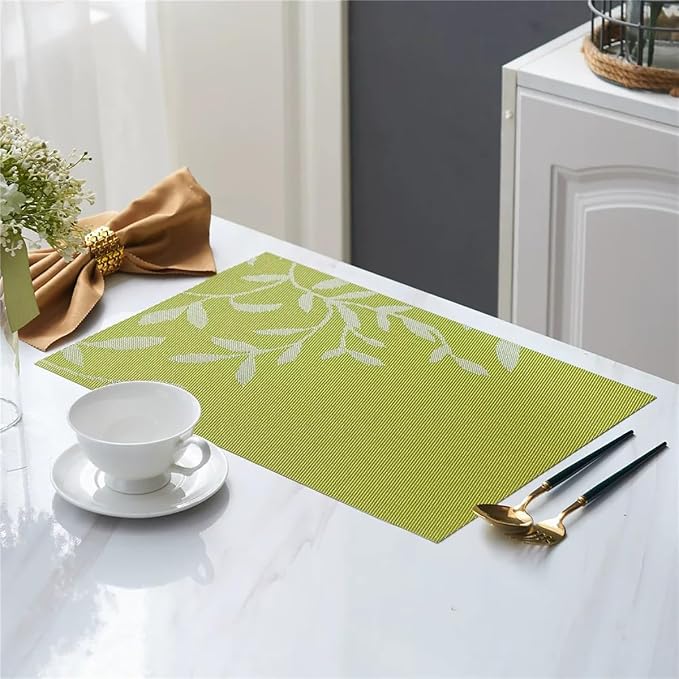 Leaf Placemats Set of 8 Non-Slip Heat-Resistant Vinyl Washable Place Mats for Kitchen Table Indoor Outdoor Durable (18"x12", Green)