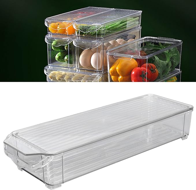 Clear Organizing Bin, Plastic Freezer Storage Containers with Lid Large Capacity Portable Bathroom Organizer Box for Pantry Kitchen Refrigerator (Narrow and short (with cover))