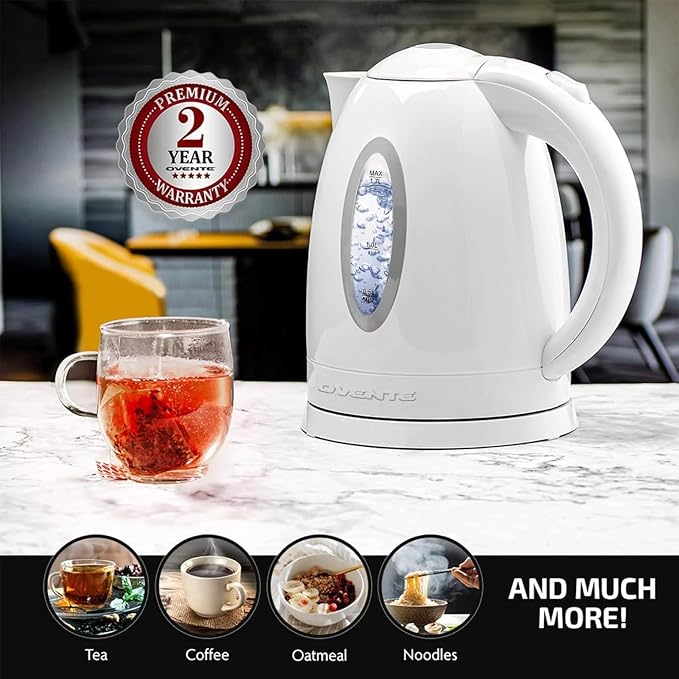 OVENTE Electric Kettle,1.7L Fast Boiling Water Heater for Coffee or Tea,BPA Free with Water Level Gauge,Auto Shut-Off,Boil-Dry Protection,Indicator Light and Removable Filter,White KP72W,(Pack of 12)