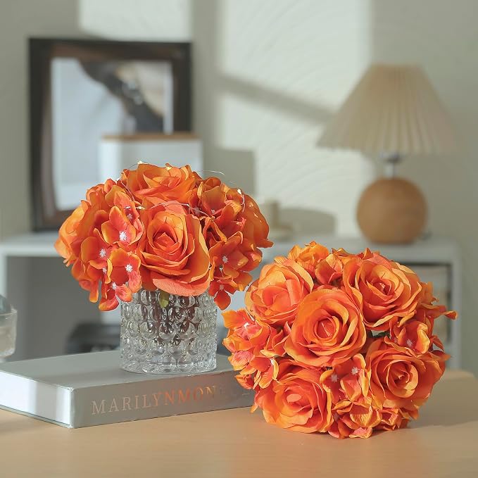 Rose Silk Flower Arrangement Artificial Vivid Rose in Glass Vase with LED Light Elegant Centerpiece for Home Wedding Bathroom Table Shelf Decoration (Orange)