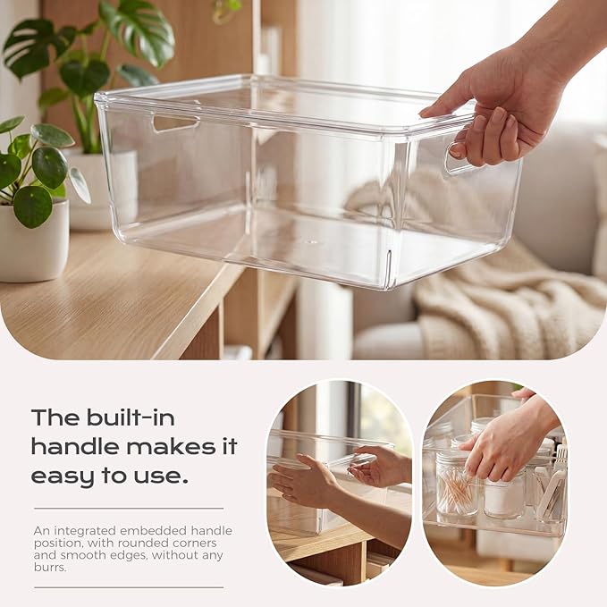 7 Pack White Storage Bins, Storage Bins with Lids, PET Plastic Pantry Organizers and Storage, Stackable Storage Bins for Kitchen, Bathroom, Closet, Office (Clear)