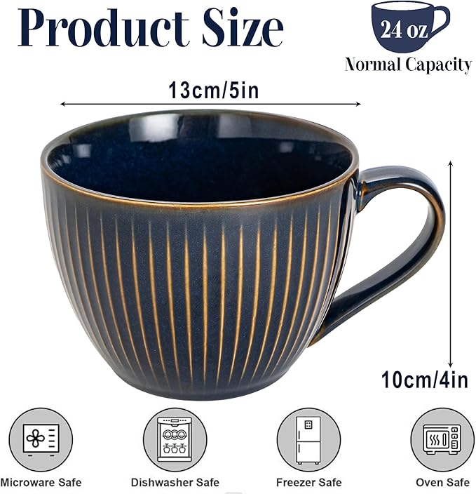 Ceramic Large Coffee Mugs with Handles, 24 oz Coffee Cups, Large Soup Mugs for Hot Chocolate, Cappuccino, Ramen, Oatmeal, Soup Mugs with Handles, Dishwasher and Microwave Safe((Vertical Stripe Blue)
