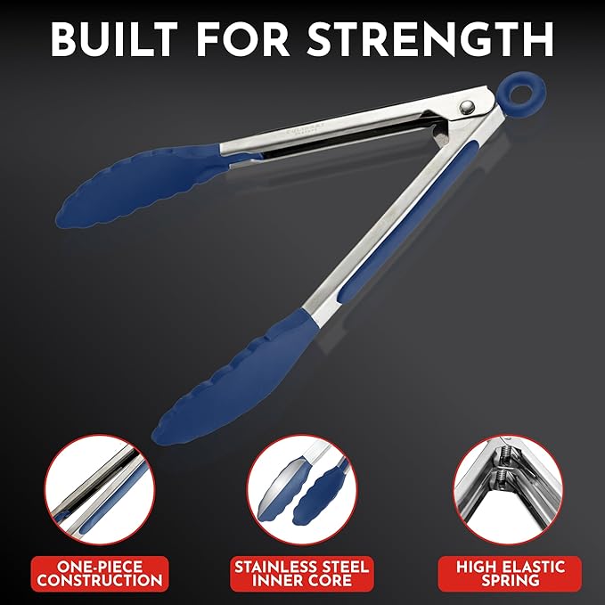 Kitchen Tongs with Silicone Tips Set of 3 Heat Resistant Tongs for Serving Food, 7-Inch, 9-Inch, 12-Inch Locking Silicone Tongs for Cooking, Salad Tong, Blue Kitchen Utensils