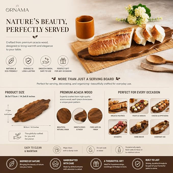Wooden Serving Tray - Decorative Charcuterie Board with Leaf Design, Premium Acacia Wood Cheese & Fruit Platter, Kitchen Table Centerpiece & Rustic Home Decor