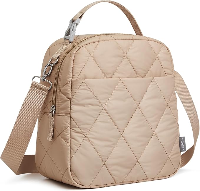 G4Free Large Insulated Lunch Bag, Leakproof Quilted Lunch Box Women Men, Reusable Puffer Lunch Bag For Work Picnic Travel, Khaki