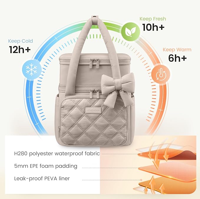 LOVEVOOK Insulated Lunch Bag Women,Expandable Double Deck Adult Lunch Box Women with Cup Holder,Bow Quilted Puffer Lunch Tote,Large Leakproof Collapsible Cooler Bag for Work College Picnic Meal Prep