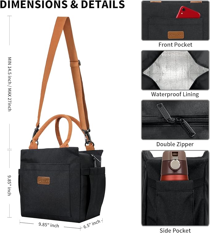 Joymee Insulated Lunch Box With Adjustable Strap Large - Black | Large Capacity, Bottle Holder & Side Pockets, Leakproof Insulated Design, for Work, Travel, Picnic & Daily Use, for Adult
