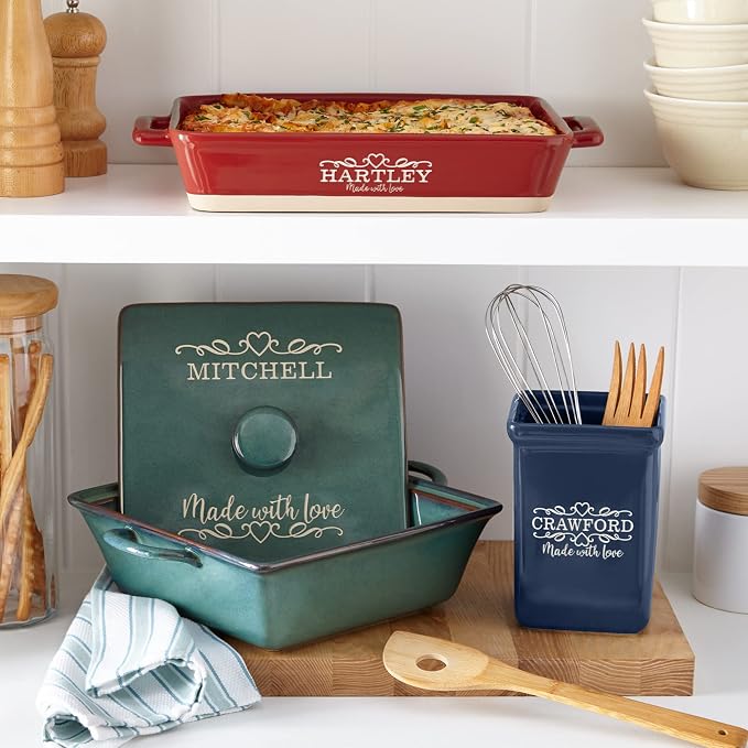 Let's Make Memories Personalized Made With Love Stoneware Utensil Holder - For Mothers Day - For Mom Grandma Wife Mother in Law - Cookware - For Her - Utensil Holder - Navy