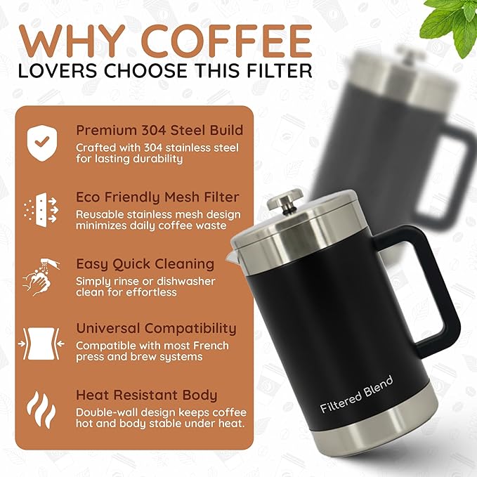 1.6L French Press Coffee Maker, 54oz Large Capacity French Press Stainless Steel Brewer with Double Filter Mesh for Kitchen Travel Camping, Hot & Cold Brew Coffee Maker Gifts (Black)