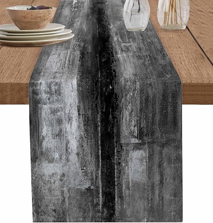 Vintage Black Table Runner - 72 Inch Long, Oil Modern Paintings Abstract Kitchen Dining Table Runner Dresser Scarves, Geometric Artwork Grey Black Tablerunner for Coffee Table Wedding Party, 18x72 in