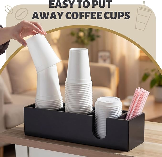 Novabright 4 Compartments Coffee Cup Holder for Countertop Cup Lid and Straw Dispenser Coffee Station Organizer Bar Accessories for Breakroom Restaurant, 15.3 x 4.7 x 4(Black,Pine Wood)