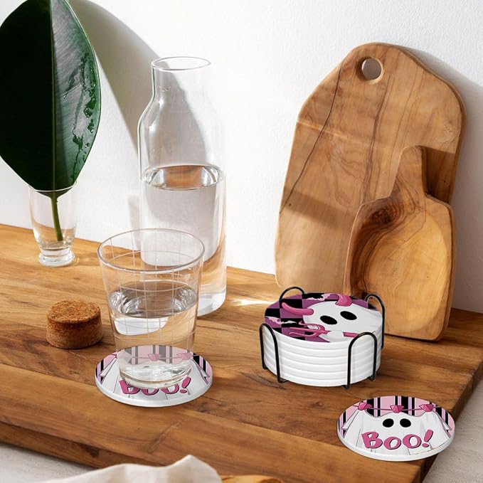 Drink Coasters for Drinks Set of 6, Pink and Black Cute Ghosts Absorbent Round Ceramic Stone Mat Coaster, with Cork Base and Metal Holder, Home Bar Decor House Warming Gift