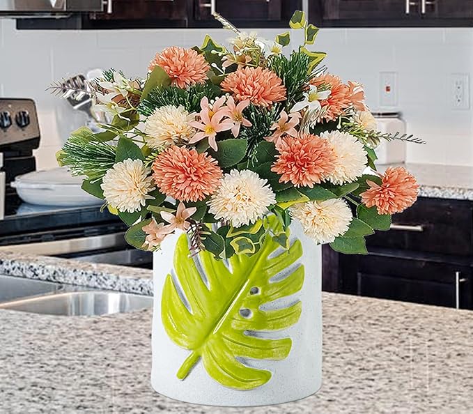 dgudgu Leaf Kitchen Utensil Holder For Countertop White Ceramic Utensil Crock For Counter 3D Green Oak Leaf Design Easy-Grip Textured Kitchen Countertop Organizer For Spoons Spatulas Cooking Tools