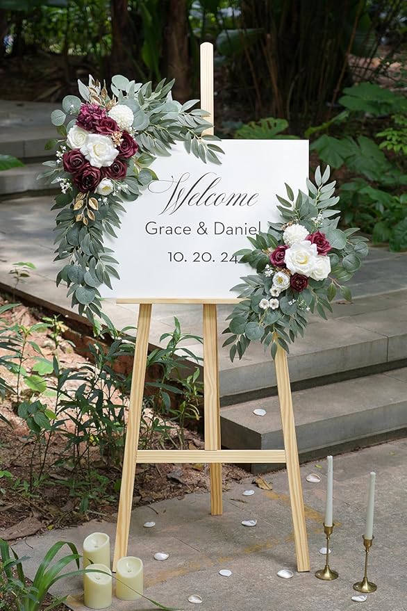 Olalaka Artificial Burgundy Flower Swag Set of 2 for Wedding Welcome Signs Floral Decorations, Wedding Arch Flowers for Wedding Ceremony, Ivory Wedding Flower