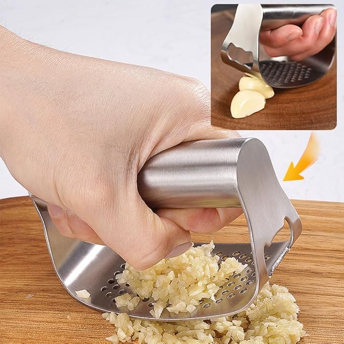 Stainless Steel Garlic Presser, Garlic Press Rocker Heavy Duty Stainless Steel Garlic Mincer, Garlic Chopper with Peeler And Cleaning Brush for Smash Garlic Kitchen Tools (B)