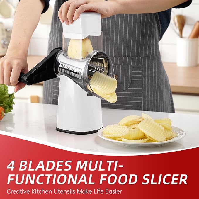 Rotary Cheese Graters with 4 Blades, Hand Crank Cheese Grater with Waffle Slicer, Red, Black and White Cheese Shredder with Suction Base, Easier for Shredding & Grating (White)