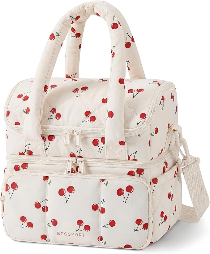 BAGSMART Lunch Bag Women, Double Deck Insulated Lunch Box, Quilted Puffer Lunch Tote, Leakproof, Durable & Reusable Large Lunch Cooler For Work Picnic Travel Meal Prep, Cherry
