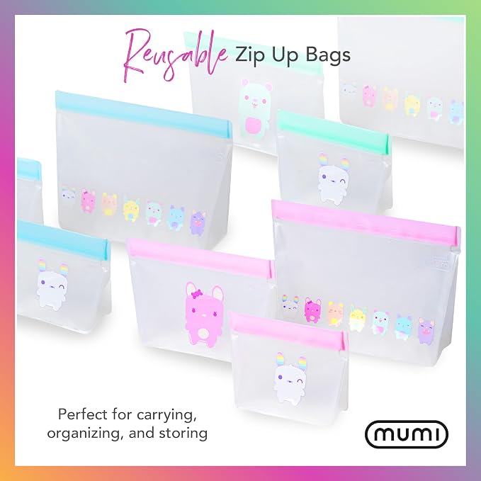 MUMI Piccolo Reusable Zip Up Bags – Set of 3 Silicone Zip lock Bags | Reusable Zip lock for Food Storage, Freezer, & Snacks | BPA-Free Airtight Silicone Storage for Travel & Meal Prep - Pink