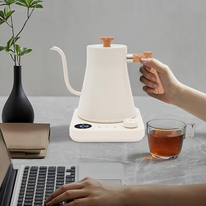 Electric Gooseneck Kettle, 1200W Fast Heat Electric Hot Water Pot with ±1℉ Precise Temperature Control, 304 Stainless Steel Tea Kettle with Long Power Cable, 24H Keep Warm, 30-Min Auto Memory (White)