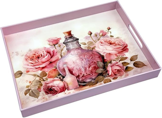 Serving Tray with Handles, 15.7 * 11.8 inches, Plastic Ottoman Tray with Exquisite Paintings, Trays for Coffee Table