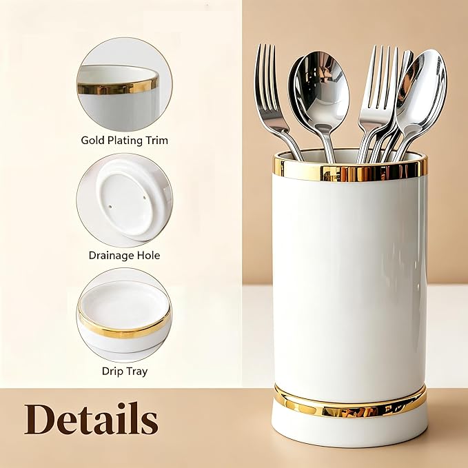 Utensil Drying Holder for Kitchen Countertop, 6in Ceramic Small Silverware Cutlery Set Crock Caddy, Self Draining Tea Coffee Spoon Fork Flatware Stirrers Jar for Stir Stick Straw