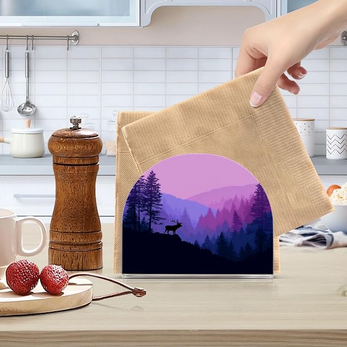 Napkin Holder Acrylic Cocktail Napkin Holder for Table Kitchen Party Restaurant Bar U Shaped Upright Napkin Dispenser Organizer Purple Stag Mountains and Forest