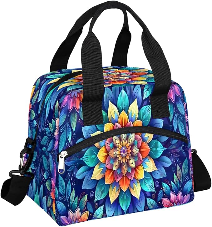 Pardick Blue Flower Mandala Insulated Lunch Bag for Women Girl Reusable Lunch Tote Box With Shoulder Strap Lightweight Thermal Cooler Meal Prep Bag for Work School Office Picnic