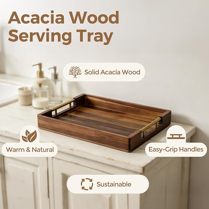 Acacia Wood Serving Tray with Golden Handles, 17x12 in Large Wooden Tray for Ottoman, Coffee Table, Breakfast in Bed, Bar, Rectangular Decorative Tray for Modern Farmhouse Decor