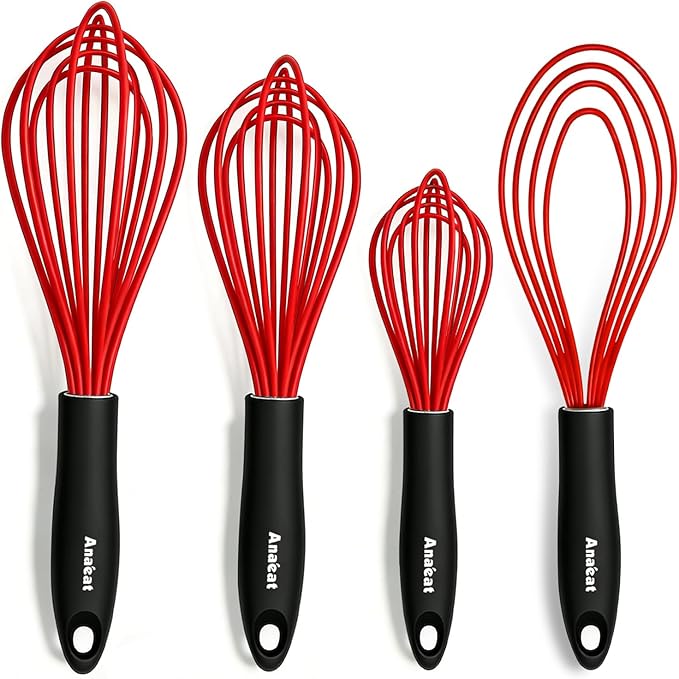 Anaeat Silicone Kitchen Whisk Set of 4, Perfect for Non-Stick Cookware, Milk and Egg Beater Blender for Whisking, Cooking, Baking, Beating - 11'' Flat Whisk and 9''+11''+12'' Balloon Whisks (Red)