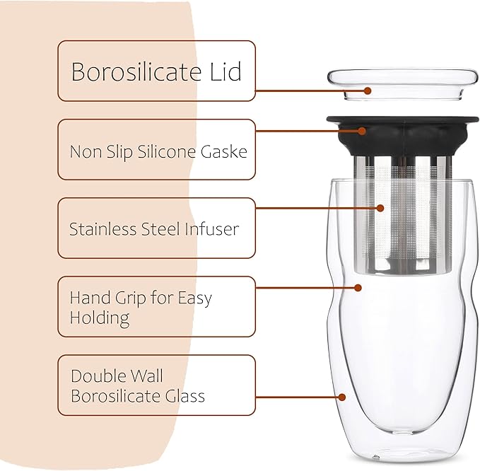 BTaT- Double Wall Glass Tea Cup With Stainless Steel Infuser and Lid, 16 oz, Borosilicate Glass Tea Mug Infuser, Gifts for Tea Lovers