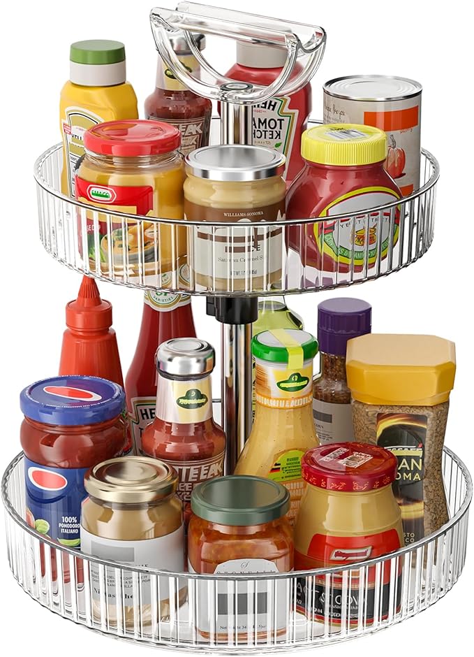 2-Tier Rotating Organizer with Handle – Adjustable Shelf, 360° Lazy Susan Turntable for Kitchen Countertop, Bathroom, Pantry – Multi-Functional Storage for Spices, Cosmetics, Snacks, Fruits