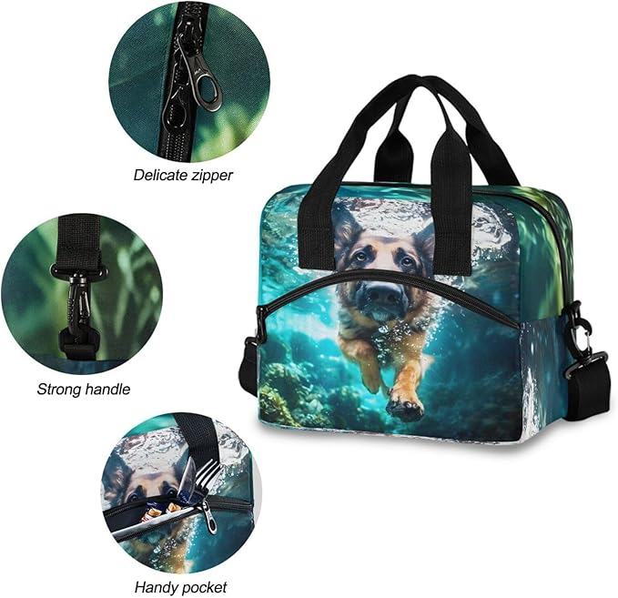 ALAZA German Shepherd Dog Swimming Underwater Lunch Box for Men Women Adults Insulated Lunch Bag Cooler Bag with Adjustable Shoulder Strap for Work Picnic Travel