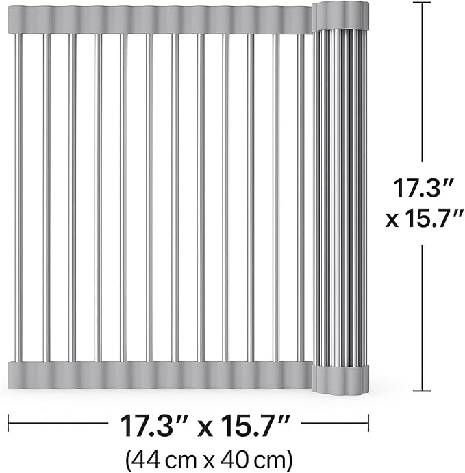 Over Sink Dish Dryng Rack - Roll Up Stainless Stell & Silicone Drying mat, Heat Resistant, Non-Slip & Foldable, Space Saving Kitchen Organizer (17.3"x 15.7")