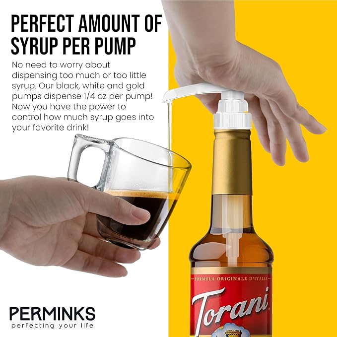Premium Syrup Pump Compatible w/Torani 750 ml Bottle, Davinci Syrups - No Spill, No Clog Syrup Pump Dispenser for Vanilla, Snow Cone, Coffee Flavoring & More (Pack of 6, Black, White & Gold)