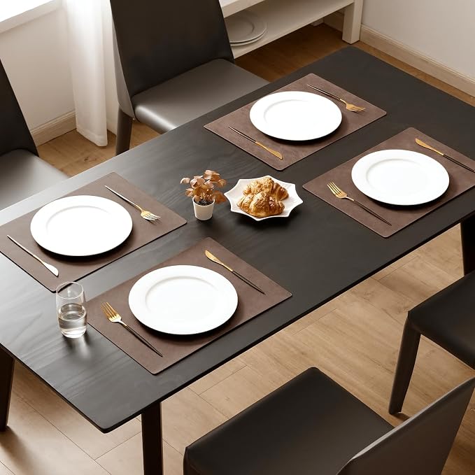 MOSAYT Vinyl Placemats Set of 8-12 X 17 Inch - Faux Leather 100% Waterproof Oil-Proof Wipeable PU Place Mats, Heat Resistant Reversible Table Mats for Kitchen, Dining, Outdoor, Brown