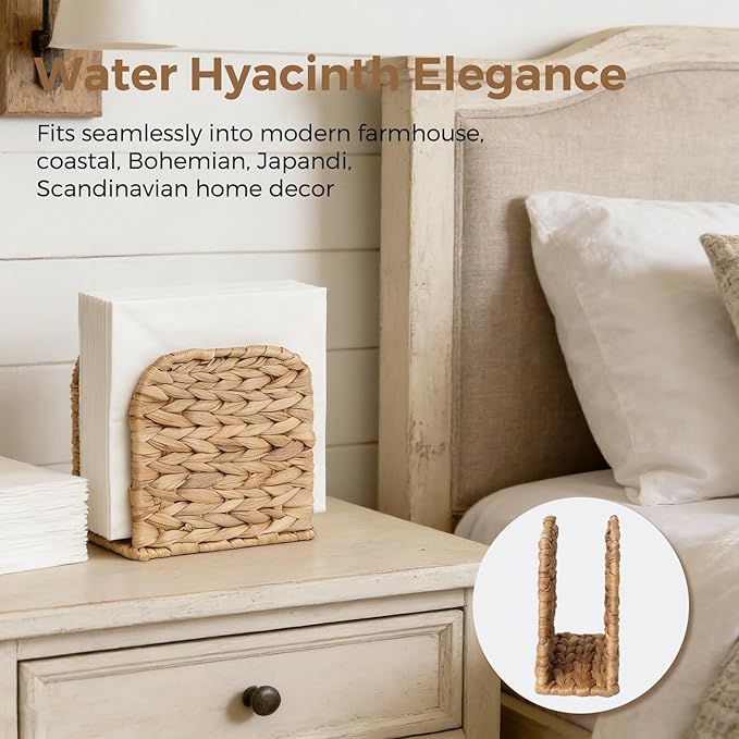 2 Pack Water Hyacinth Napkin Holder for Table, Handwoven Wicker Upright Napkin Holder, Boho Farmhouse Paper Napkin Holder for Kitchen Countertop Dining Room Party