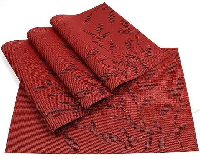 Placemats, Placemats for Dining Table Set of 4, Kitchen Table Mats Heat-Resistant Non-Slip Washable PVC Woven Vinyl Place Mats for Dining Room Table Decoration (Set of 6, Red Leaf)