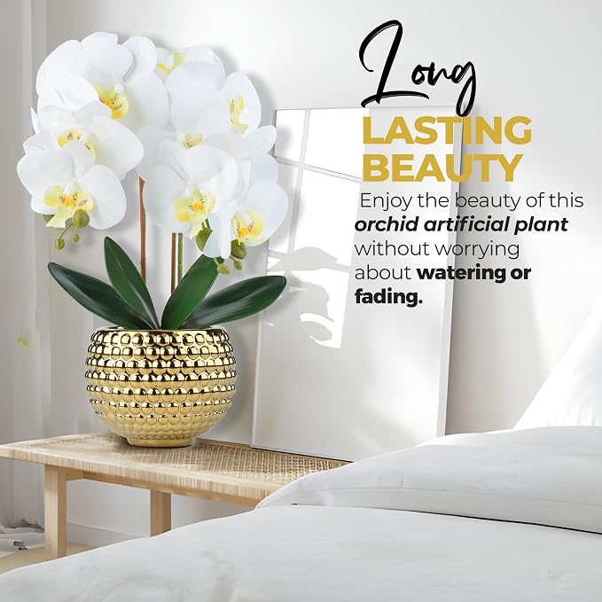 Large Orchids Artificial Flowers, 17'' White Faux Orchids with Gold Pot for Living Room Decor, White Faux Orchid Plant for Bathroom Kitchen Home Indoor Hotel Decor (Large Gold)