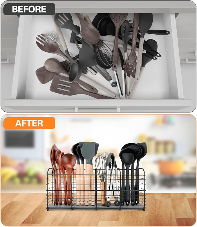 Extra-Large Kitchen Utensil Holder with Diatomaceous Earth Base, 4-Compartment Organizer for Cooking Tools, 15.7"x 6.7"x 4.4", Dries moisture quickly, Aesthetic Matte Black Design for Kitchen Counter