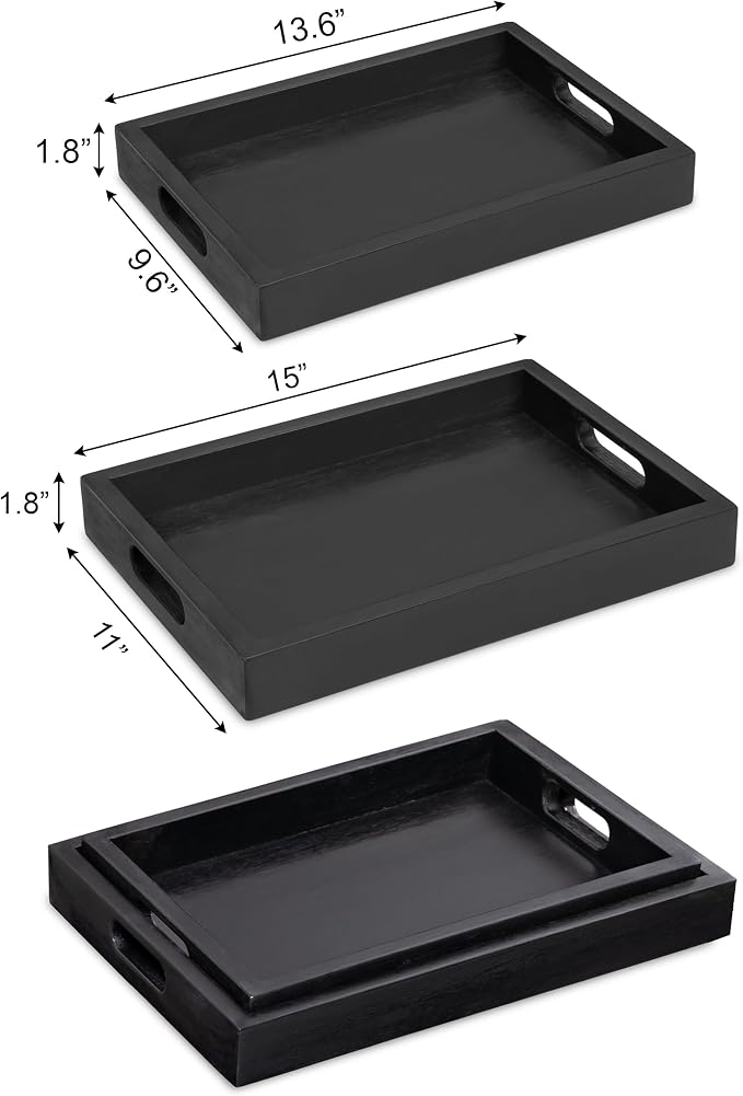 Black Acacia Wooden Rectangular Serving Tray with Handles, Set of 2 (15"x11" & 13"x10"), Large Tray for Ottoman, Breakfast in Bed, Dinner, Coffee Table Decor & Kitchen