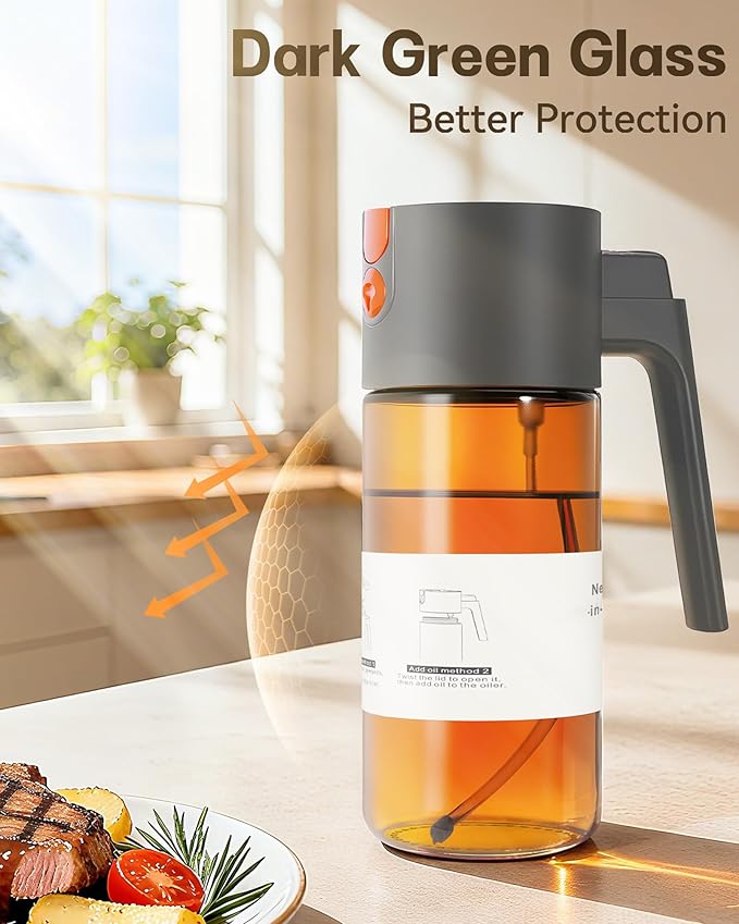 OURCABECUE Upgrade 2 in 1 Oil Sprayer for Cooking, 17oz Light-Blocking Glass Olive Oil Dispenser Bottle for Kitchen,Food-Grade Oil Mister with 8 Stickers for Salad, Frying (Grey)