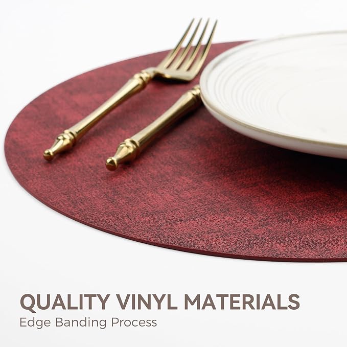 13" Round Placemats Set of 12, Reversible Faux Leather Heat Resistant Table Mats, 100% Waterproof Oilproof Wipeable Table Protective Placemats for Vinyl, Washable for Indoor (12, Burgundy)