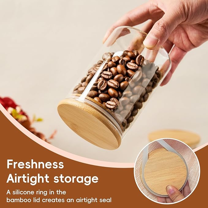 Glass Sugar Container with Spoon - 1 Pack 15oz Glass Jars with Bamboo Lid and Spoon, Bamboo Lid Storage Jar Containers for Coffee Beans, Spice, Brown Sugar, Tea, Flour, Nuts, Candy, Salts and More