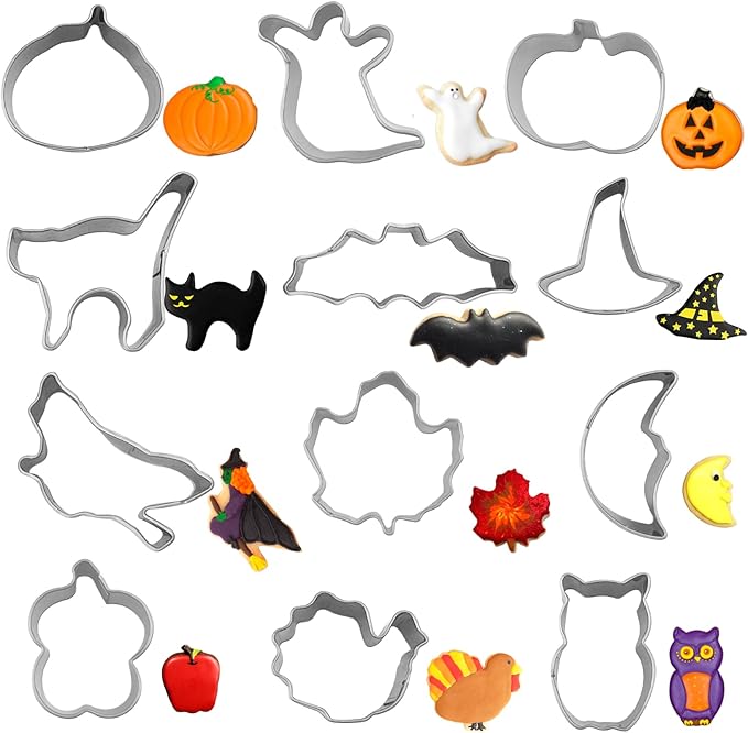 Halloween Cookie Cutters Set,12PCS Mini Halloween Cookie Cutters Stainless Steel - Pumpkin, Ghost, Bat, Witch's Hat, Cat and More