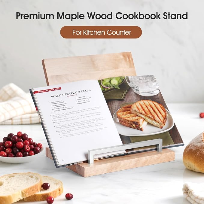 Cookbook Stand with Removable Cutting Board – Adjustable Recipe Book Holder, Charcuterie Board & Kitchen Serving Tray, Kitchen Counte Decor/Maple Wood/Silver